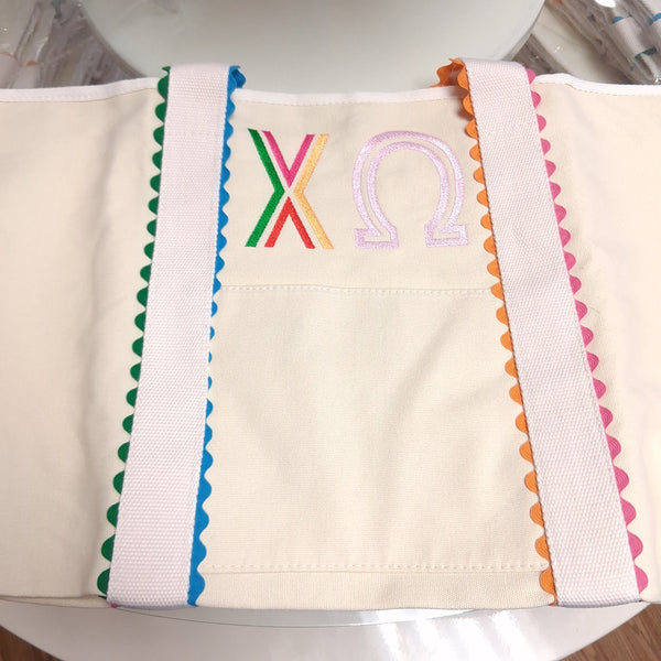 Scalloped Embroidered Tote Bag- Chi Omega