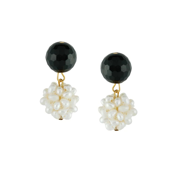 Susan Shaw 1181 Black Onyx And Pearl Cluster Earrings