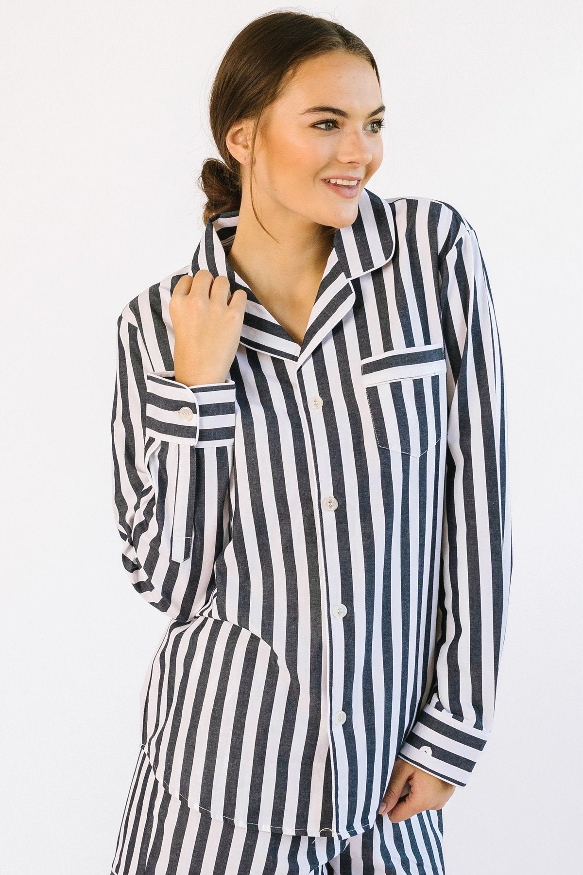 Women's Navy French Modern Striped Pajama Short Set