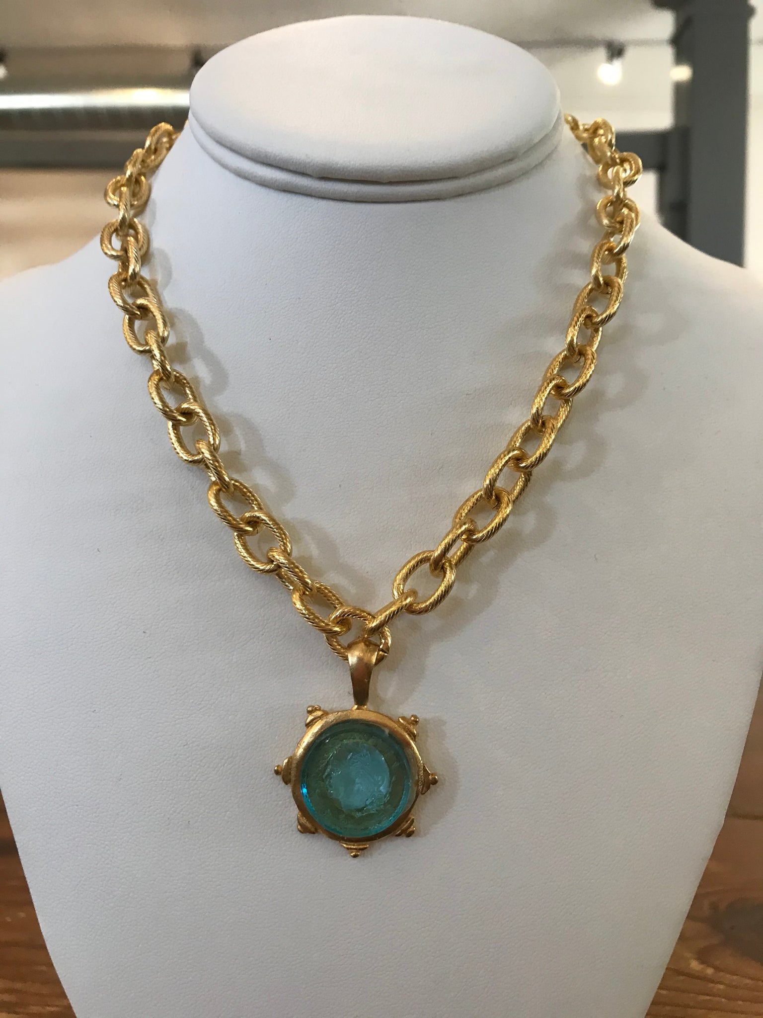 Susan Shaw 3632 Small Aqua Venetian Glass Coin Intaglio Chain Necklace