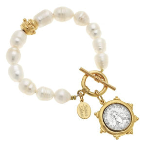 Susan Shaw 2613 Pearl Bracelet with Bee Coin