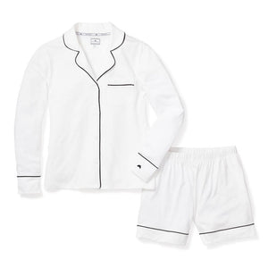 Women's Cotton White Classic with Black Piping Pajama Set: *Short Sleeve Top and Shorts