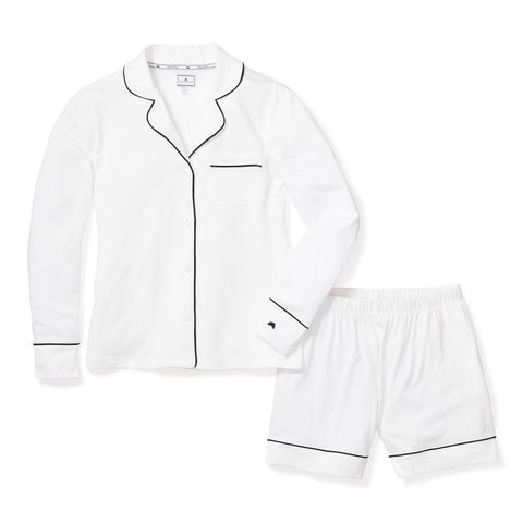 Women's Cotton White Classic with Black Piping Pajama Set: *Short Sleeve Top and Shorts