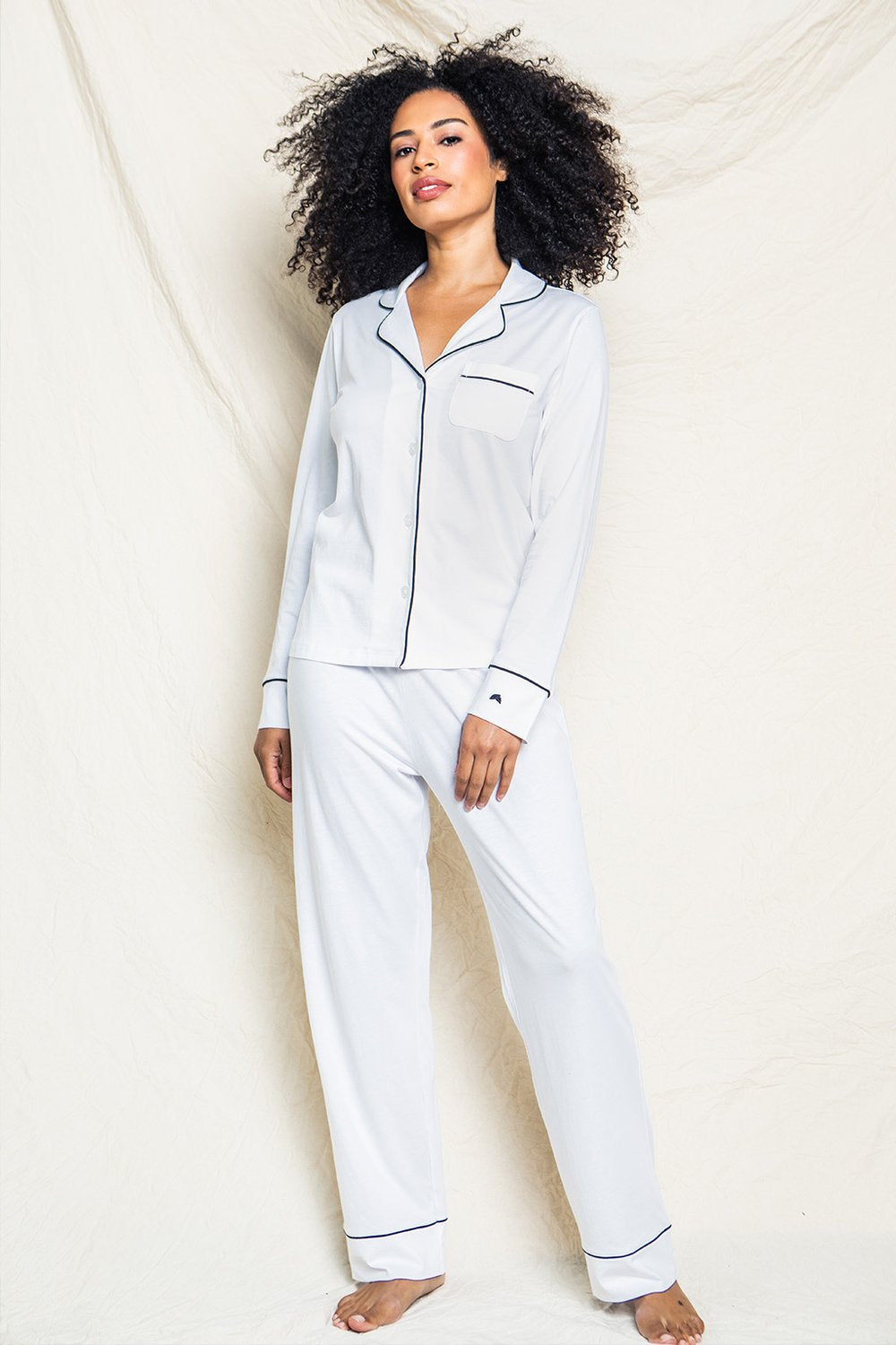 Women's Cotton White Classic with Black Piping Pajama Set