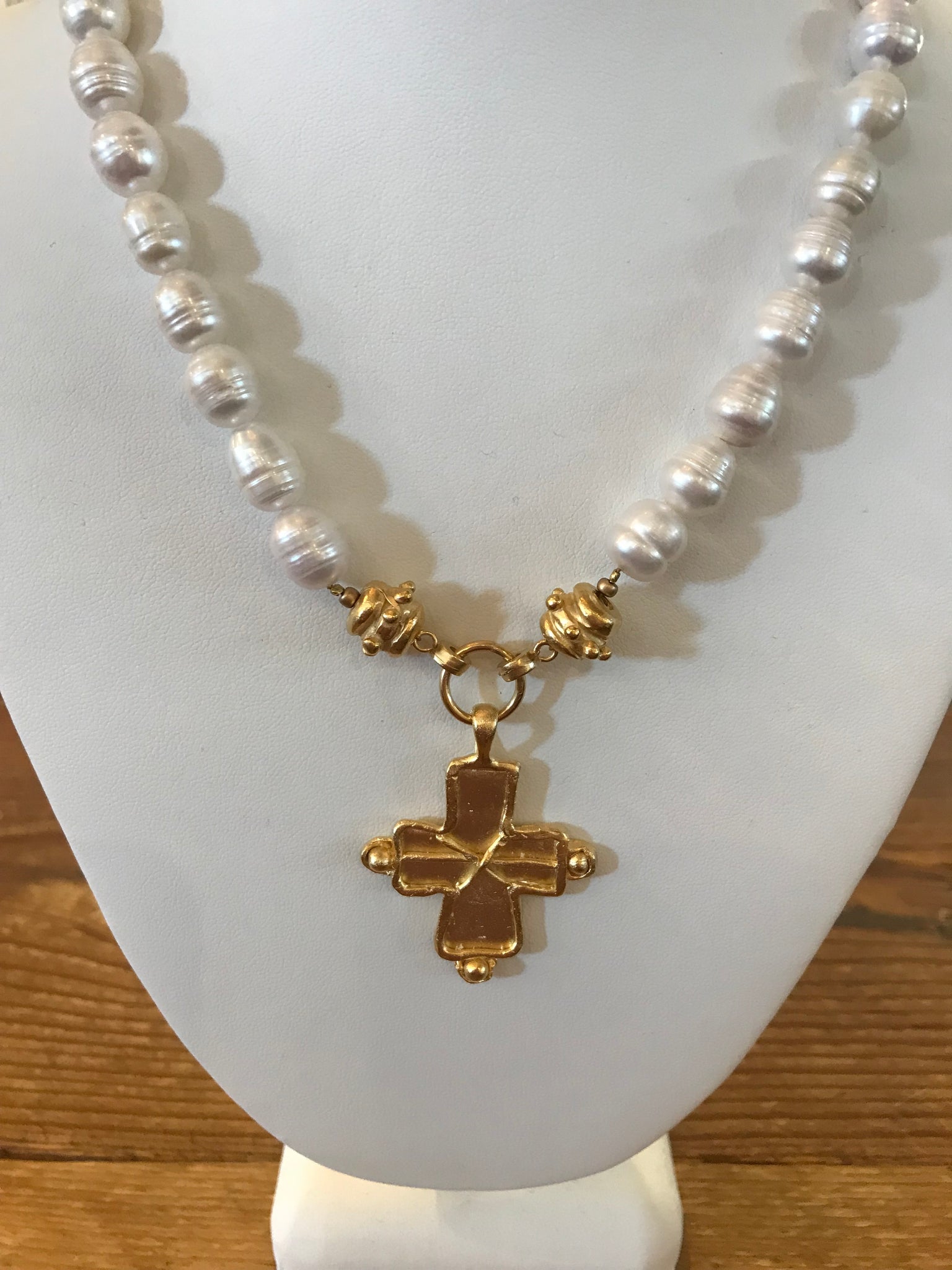 Susan Shaw 3913 Handcast Cross on Pearl Necklace